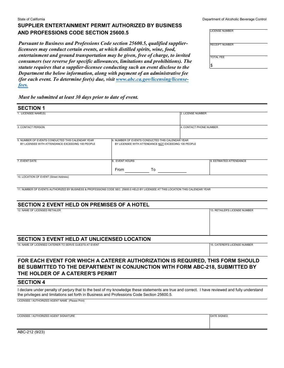 Form ABC-212 Supplier Entertainment Permit Authorized by Business and Professions Code Section 25600.5 - California, Page 1