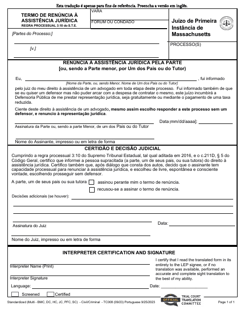 Form TC008 Waiver of Counsel by Party - Massachusetts (Portuguese)