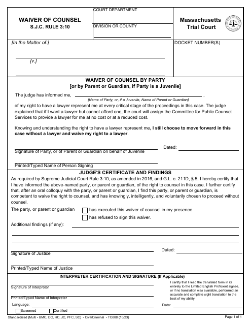 Form TC008 Waiver of Counsel by Party - Massachusetts