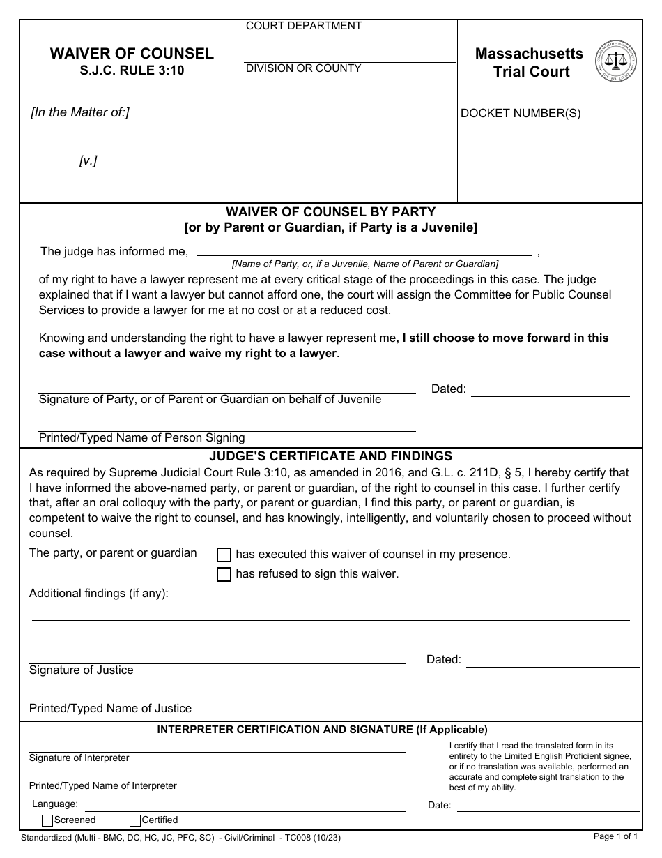 Form TC008 Waiver of Counsel by Party - Massachusetts, Page 1
