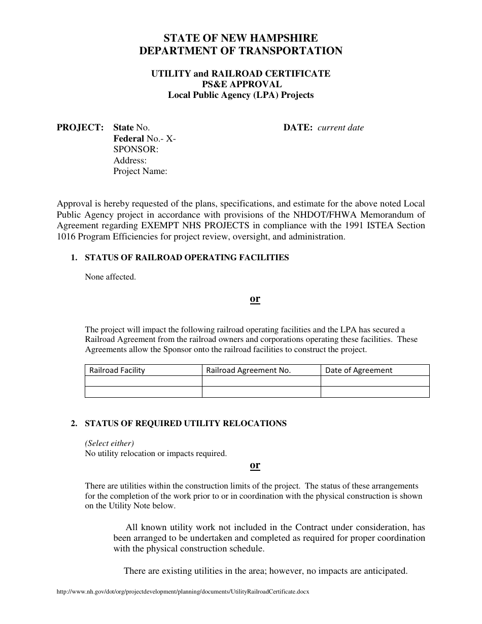 Utility and Railroad Certificate - PSe Approval - Local Public Agency (Lpa) Projects - New Hampshire, Page 1