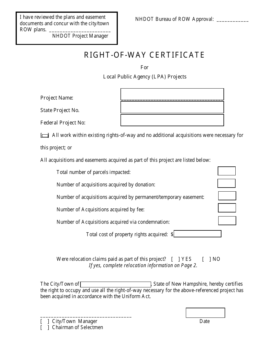 Right-Of-Way Certificate for Local Public Agency (Lpa) Projects - New Hampshire, Page 1