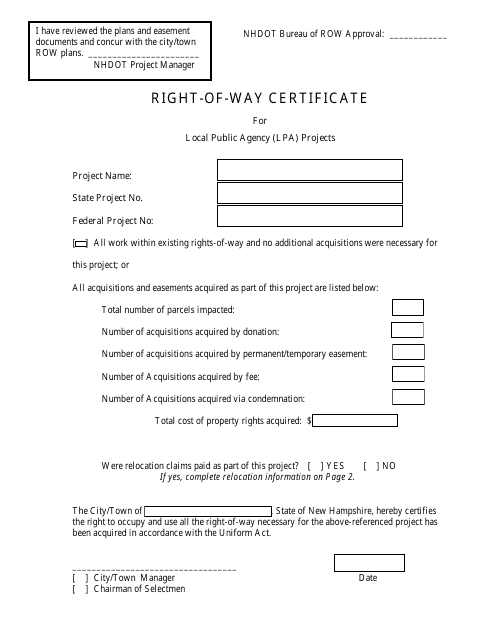 Right-Of-Way Certificate for Local Public Agency (Lpa) Projects - New Hampshire Download Pdf
