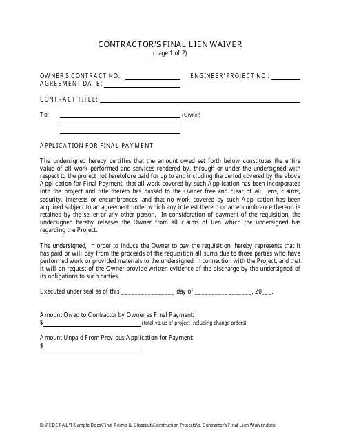 Contractor's Final Lien Waiver - New Hampshire Download Pdf