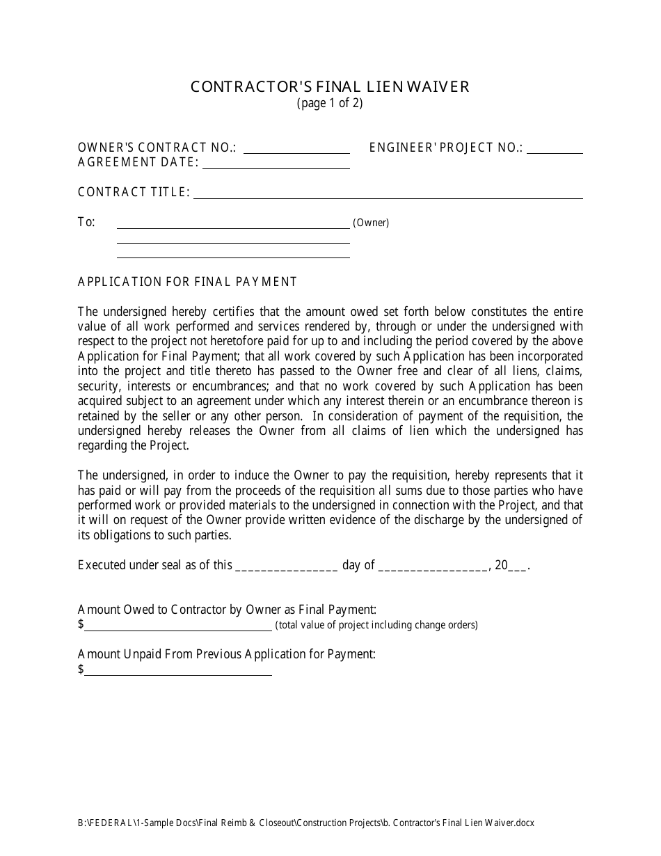 New Hampshire Contractor's Final Lien Waiver - Fill Out, Sign Online ...