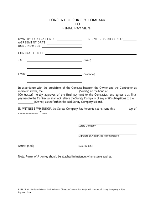 Consent of Surety Company to Final Payment - New Hampshire Download Pdf
