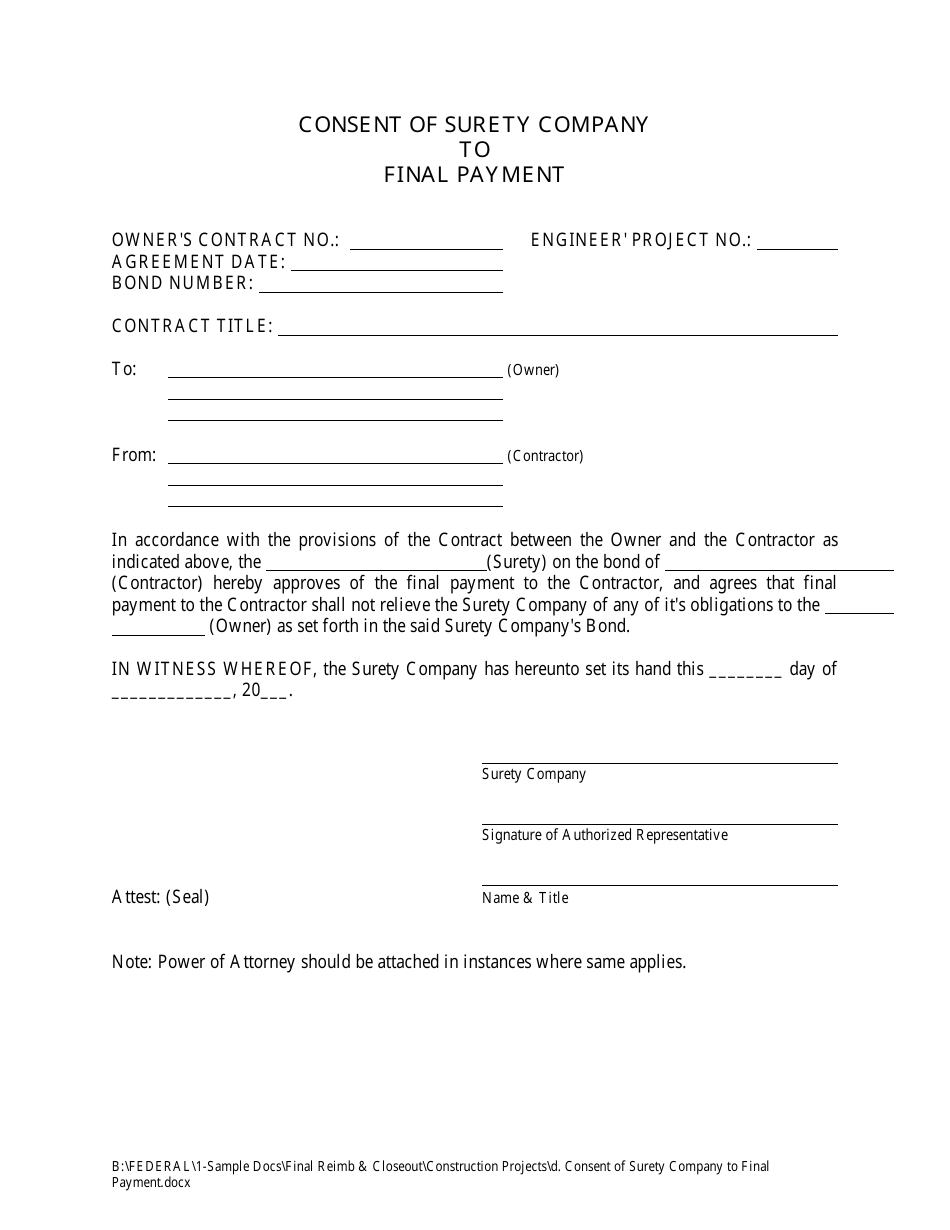 Consent of Surety Company to Final Payment - New Hampshire, Page 1
