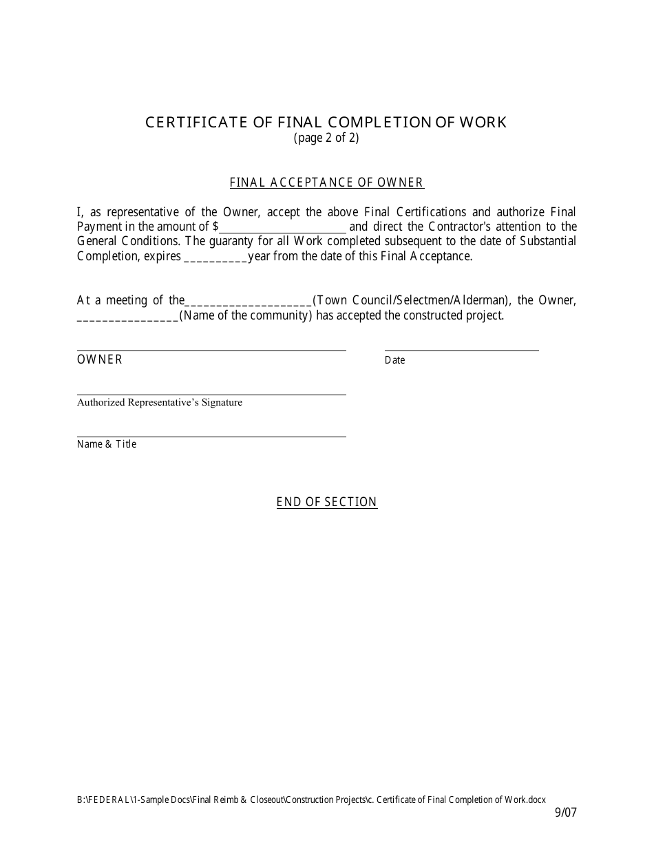 Certificate of Final Completion of Work - New Hampshire, Page 2