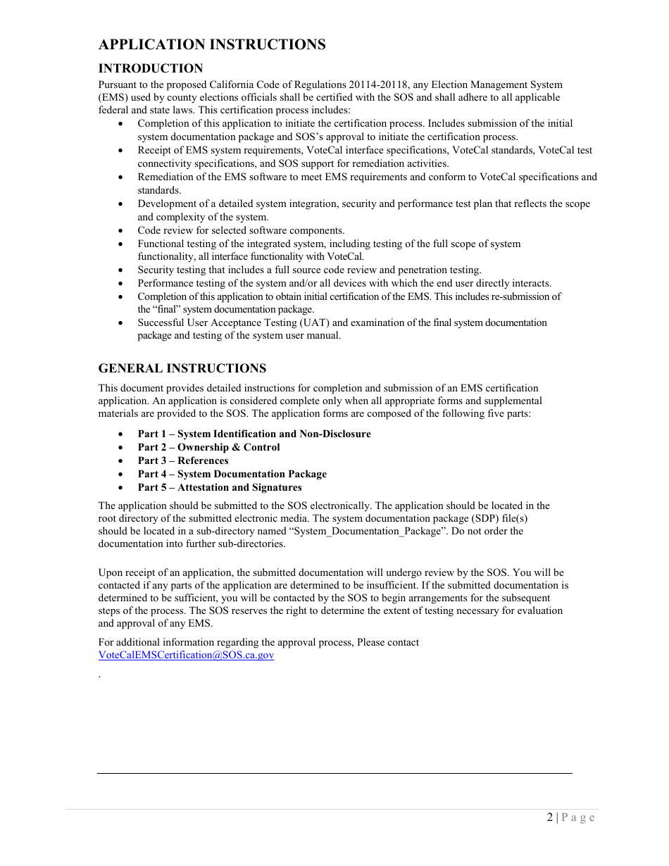 California Application for Certification of an Election Management System - California, Page 2