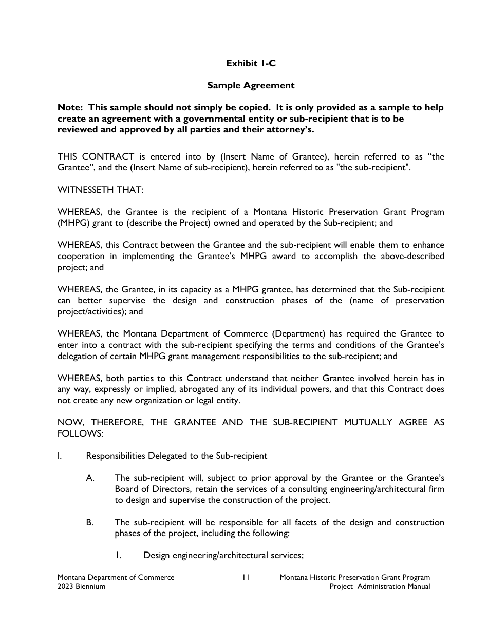 Exhibit 1-C Sample Agreement - Montana, Page 1