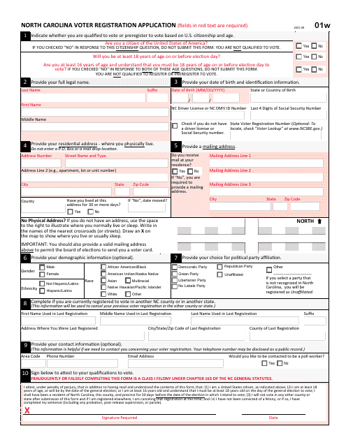 Form 01W North Carolina Voter Registration Application - Public Assistance Agencies - North Carolina