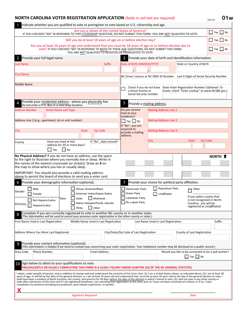 Form 01W North Carolina Voter Registration Application - Public Assistance Agencies - North Carolina, Page 1