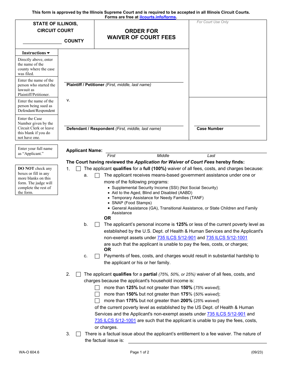Form WA-O604.6 Order for Waiver of Court Fees - Illinois, Page 1