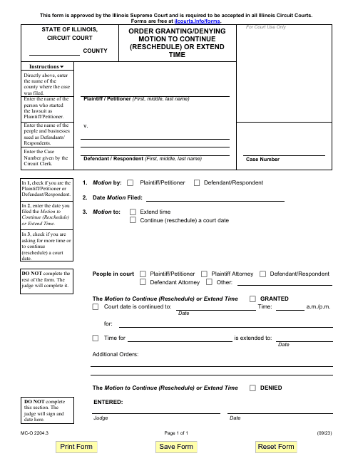Form MC-O2204.3 Order Granting/Denying Motion to Continue (Reschedule) or Extend Time - Illinois