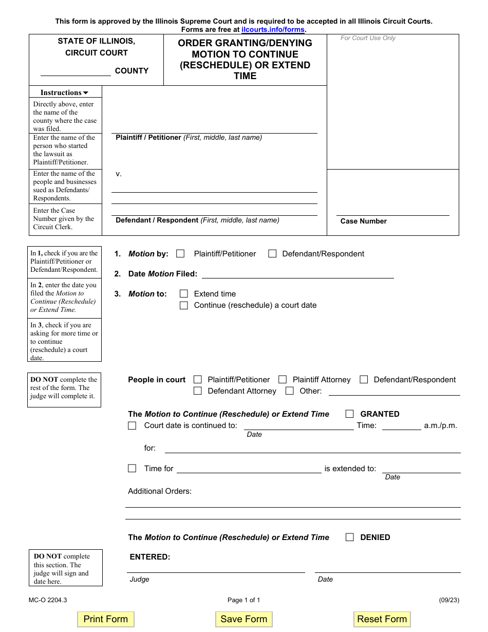 Form MC-O2204.3 Order Granting / Denying Motion to Continue (Reschedule) or Extend Time - Illinois, Page 1