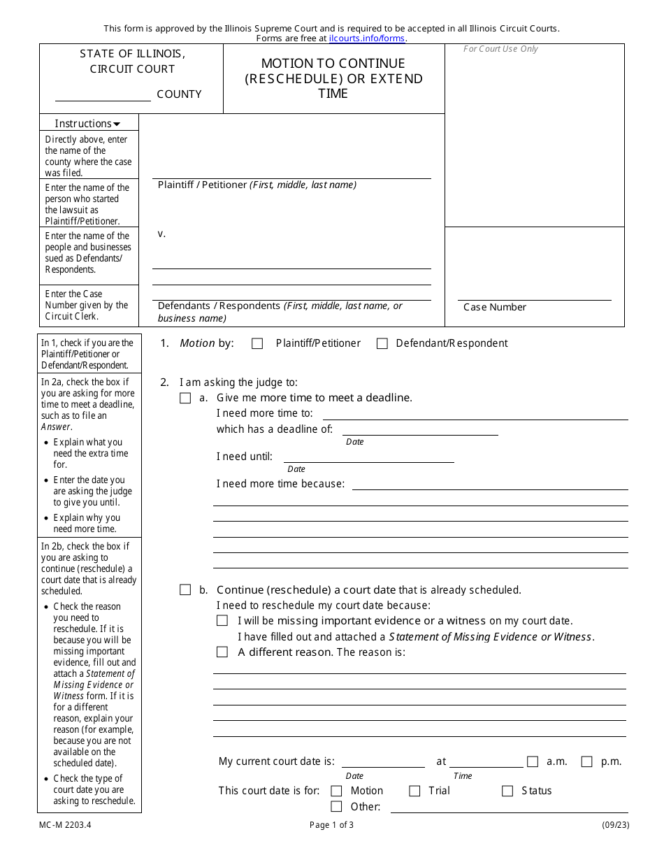 Form MC-M2203.4 Motion to Continue (Reschedule) or Extend Time - Illinois, Page 1