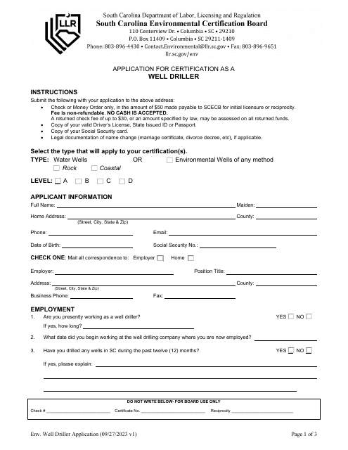 Application for Certification as a Well Driller - South Carolina Download Pdf