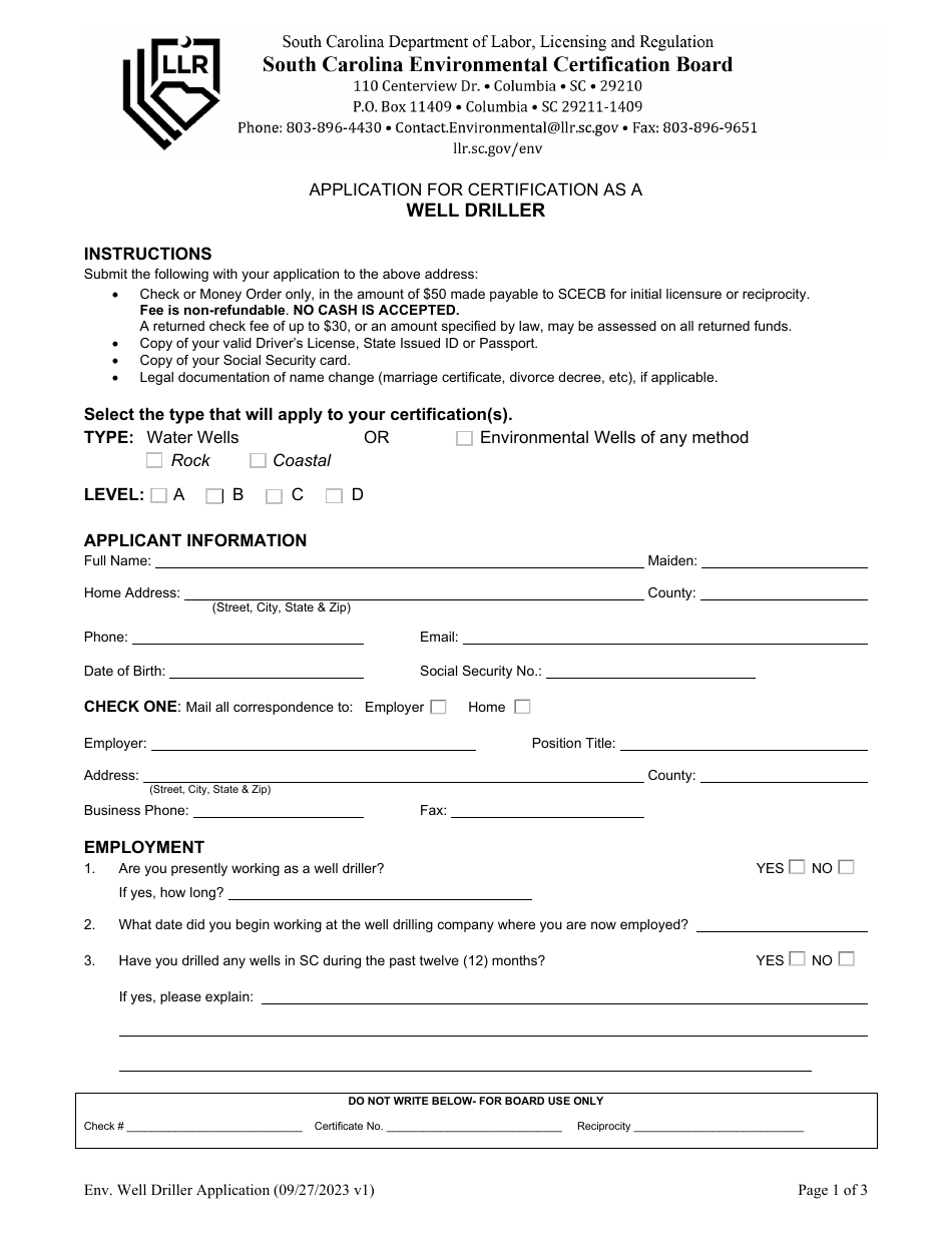 Application for Certification as a Well Driller - South Carolina, Page 1