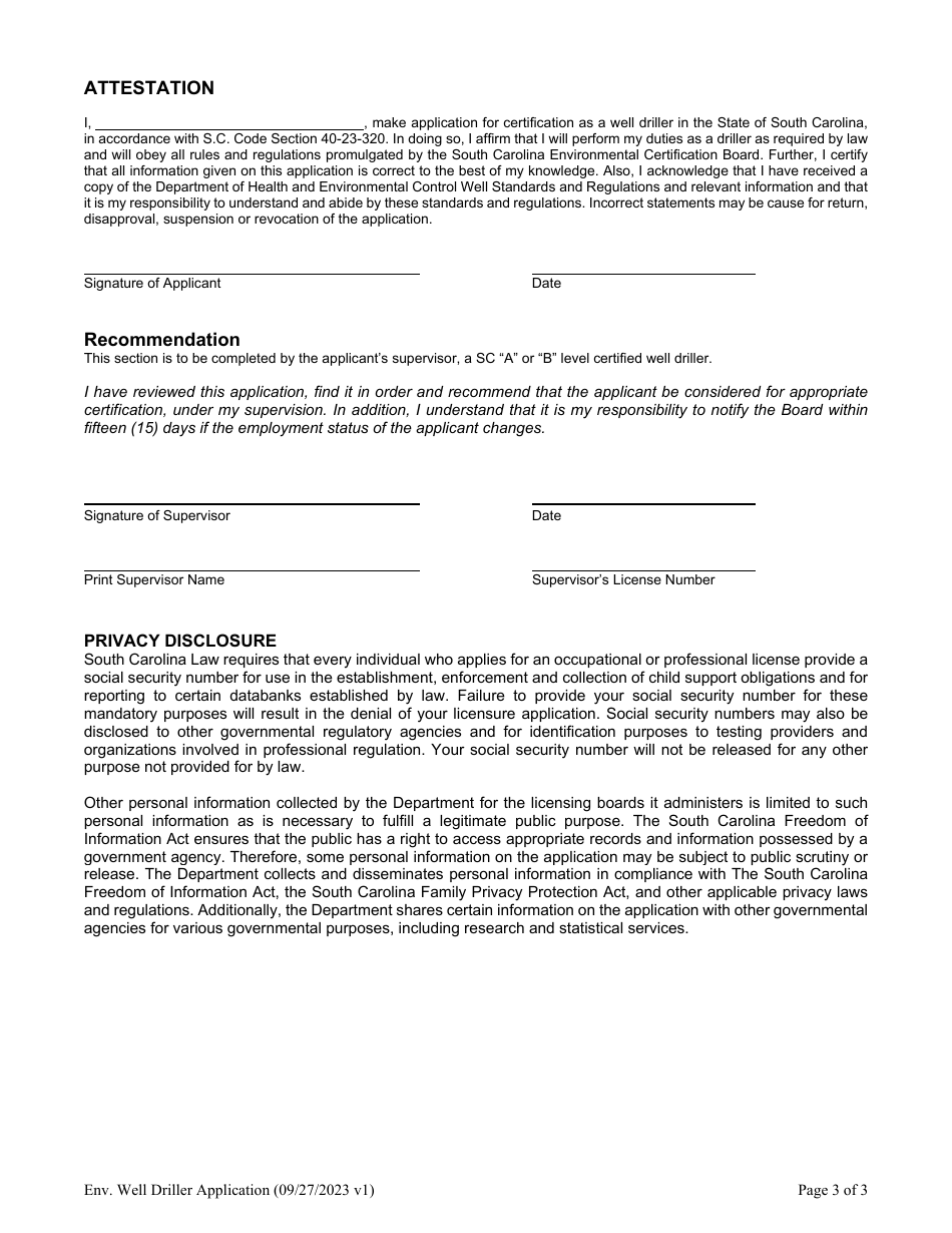 Application for Certification as a Well Driller - South Carolina, Page 3