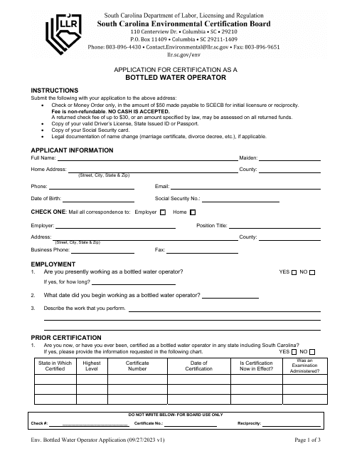 Application for Certification as a Bottled Water Operator - South Carolina Download Pdf