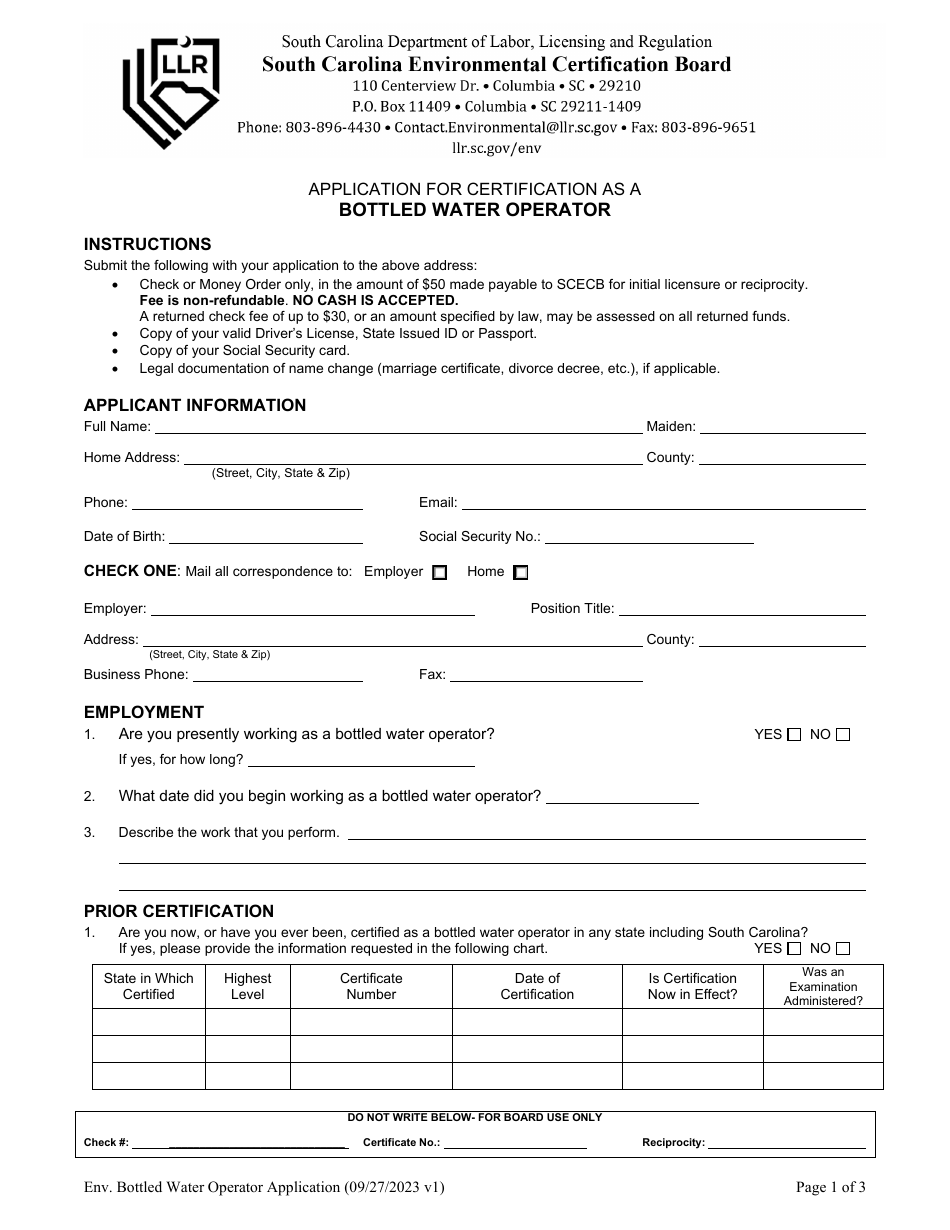 Application for Certification as a Bottled Water Operator - South Carolina, Page 1