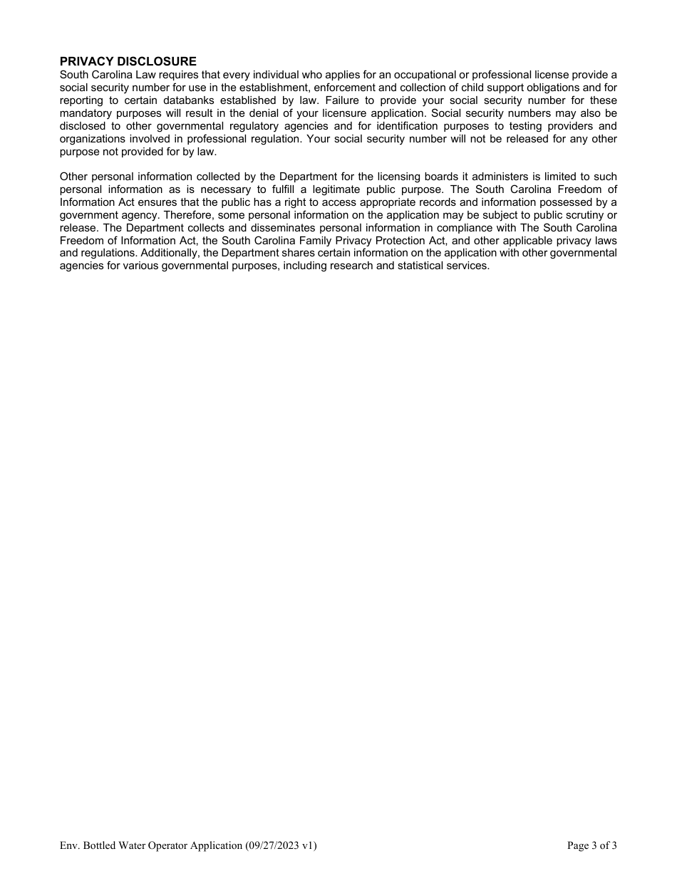 Application for Certification as a Bottled Water Operator - South Carolina, Page 3