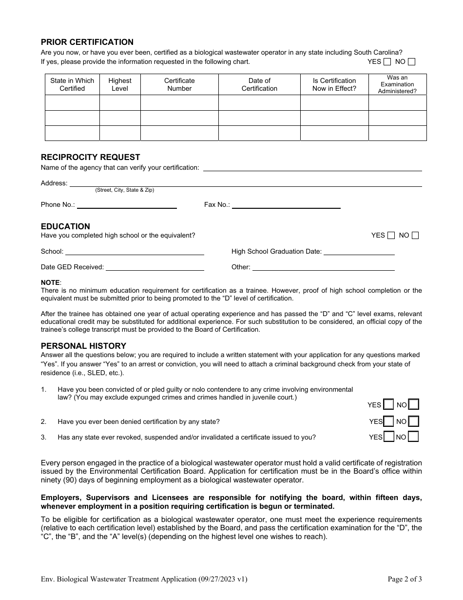 Application for Certification as a Biological Wastewater Treatment Operator - South Carolina, Page 2