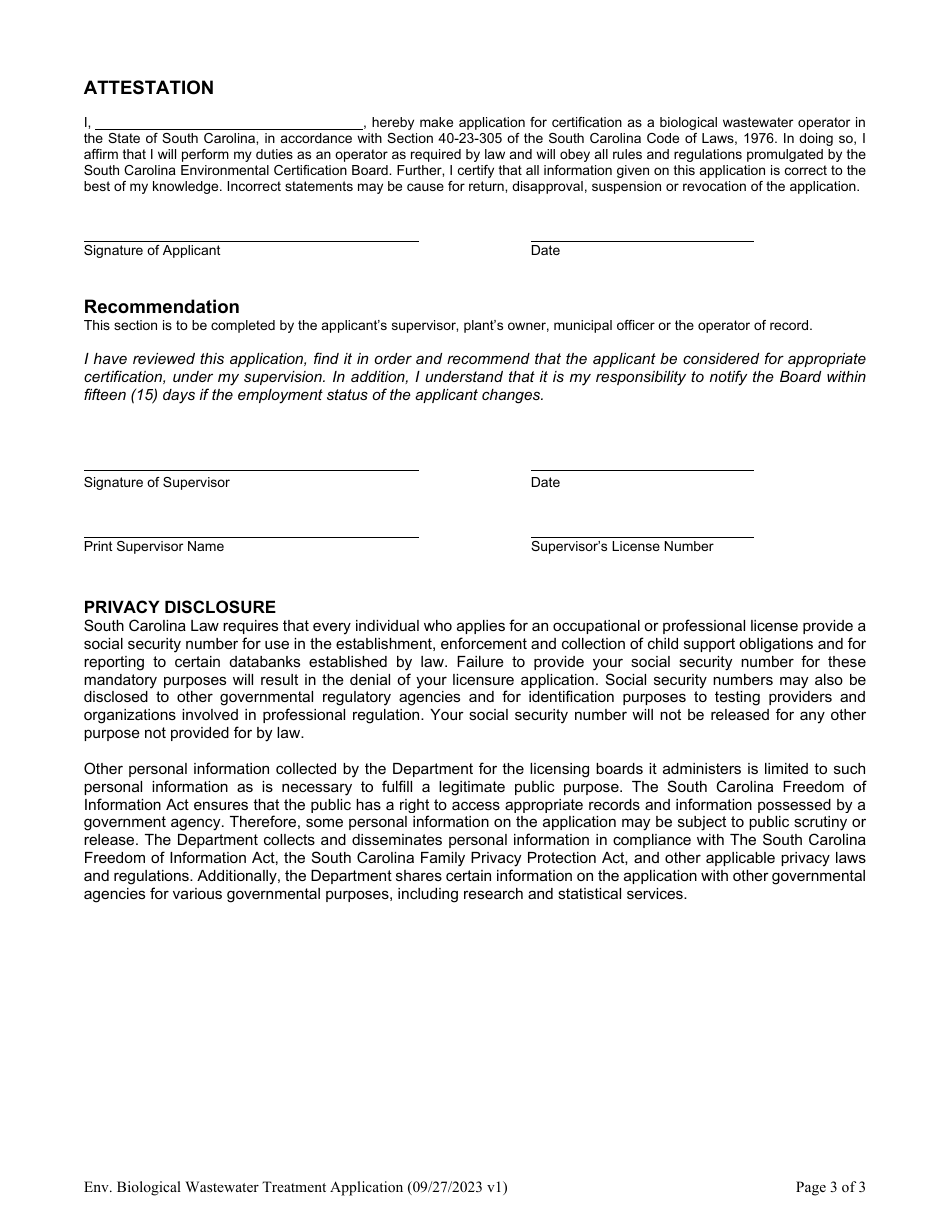 Application for Certification as a Biological Wastewater Treatment Operator - South Carolina, Page 3