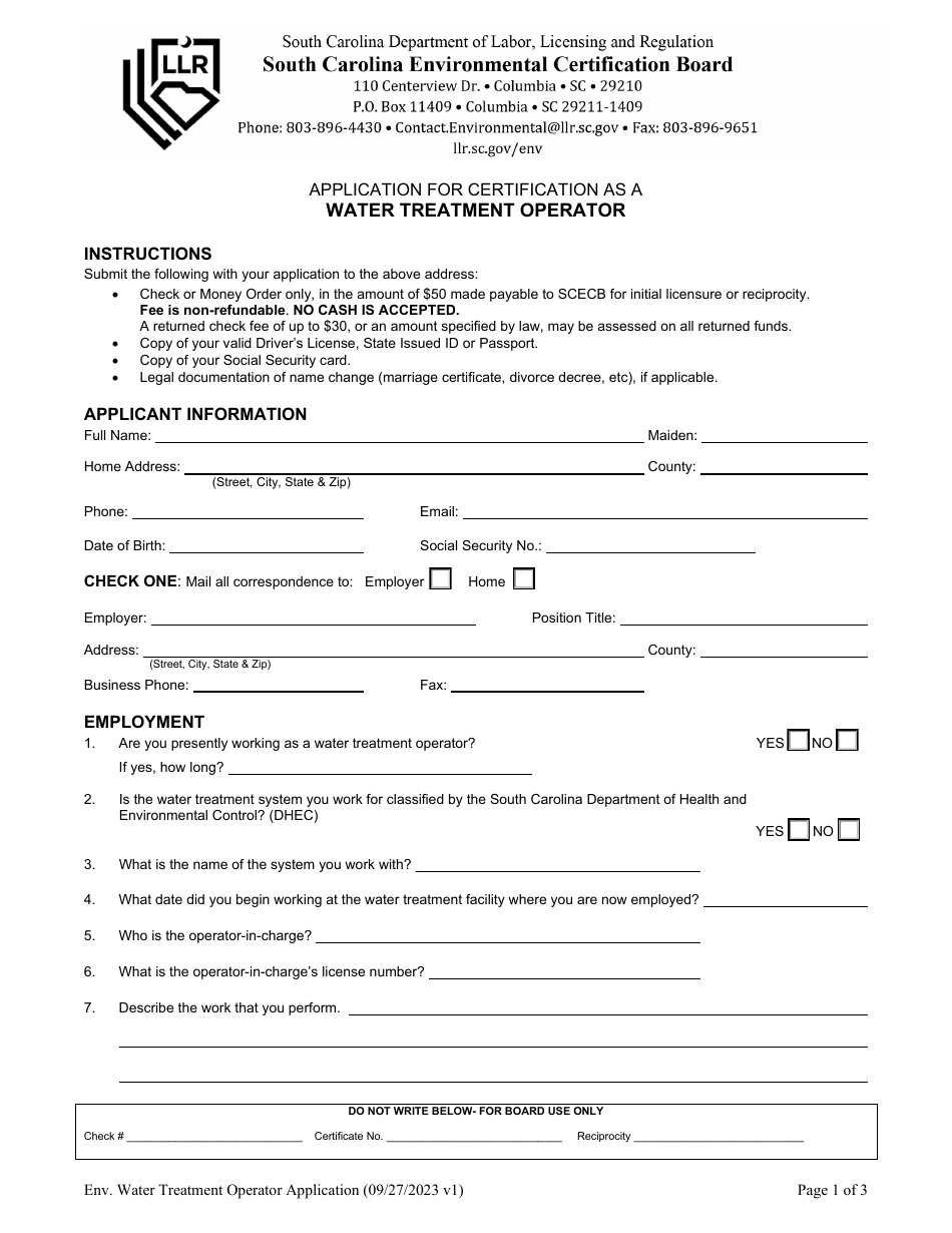 Application for Certification as a Water Treatment Operator - South Carolina, Page 1