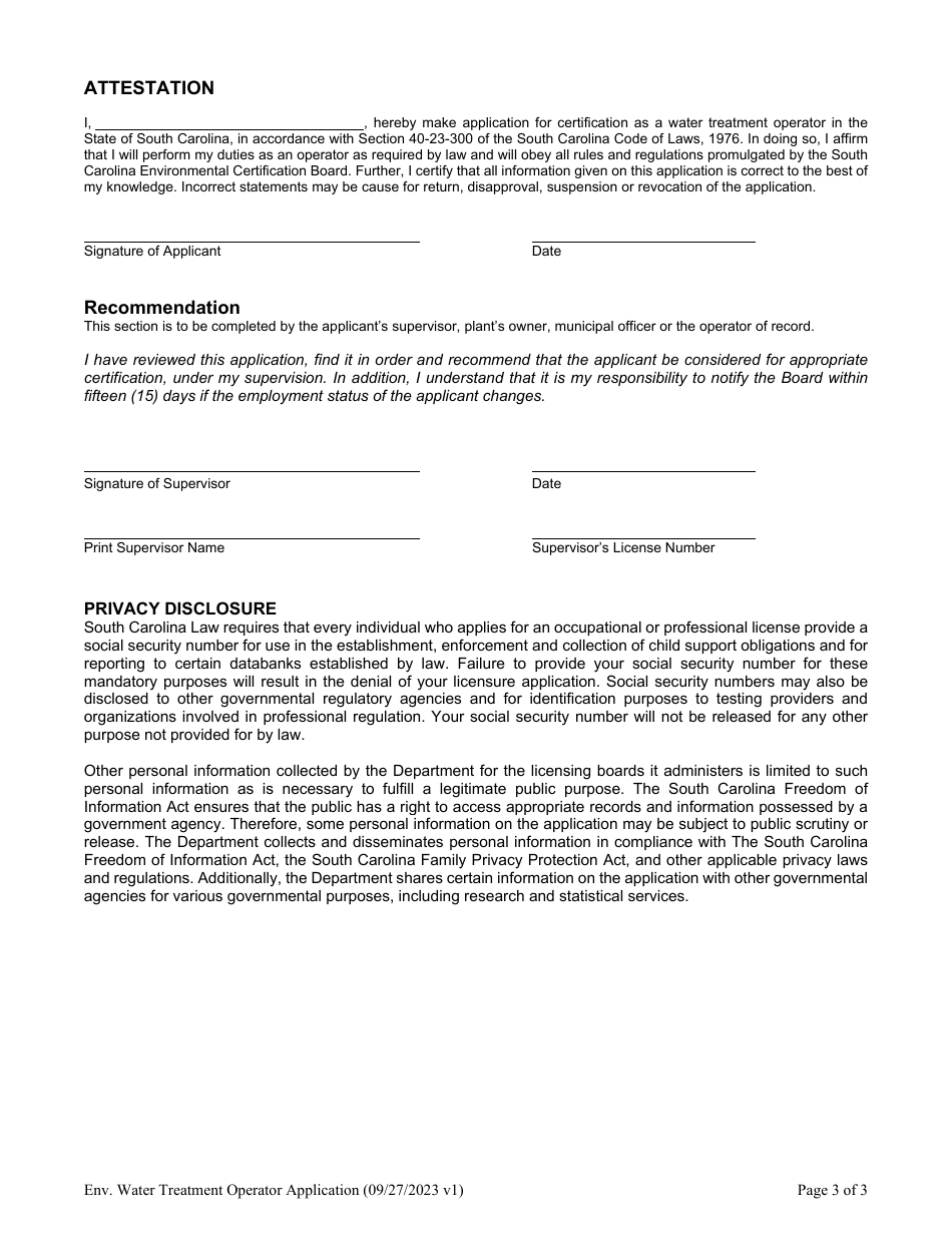 Application for Certification as a Water Treatment Operator - South Carolina, Page 3
