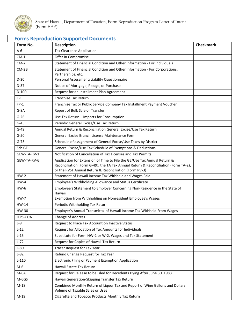 Form EF-6 Letter of Intent - Form Reproduction Program - Hawaii, Page 4