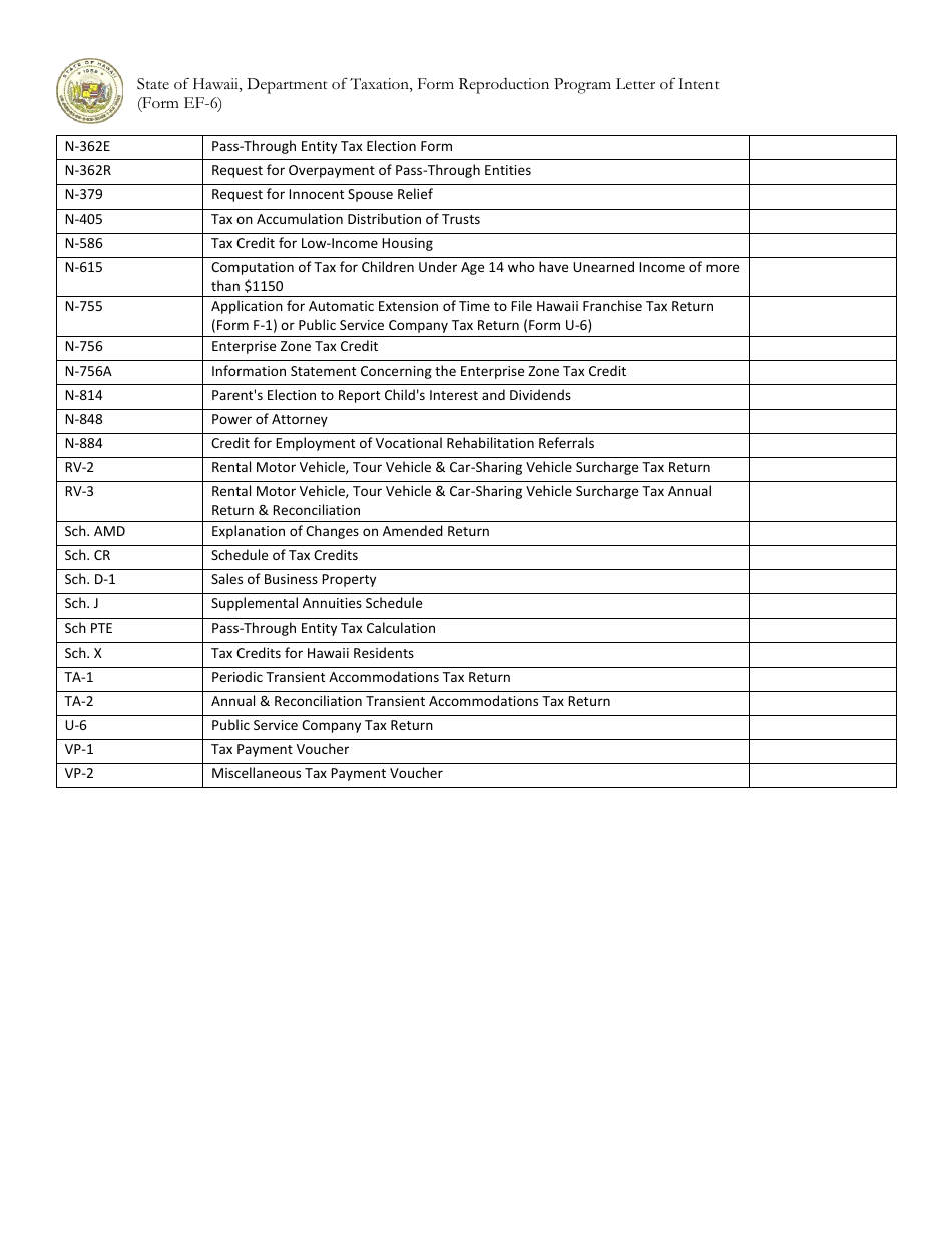 Form EF-6 Letter of Intent - Form Reproduction Program - Hawaii, Page 7