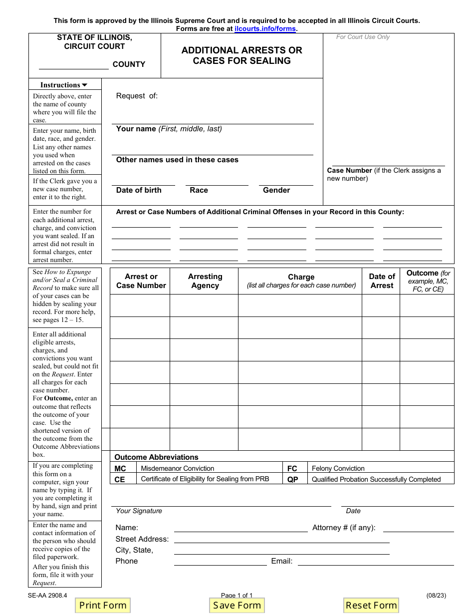 Form SE-AA2908.4 Additional Arrests or Cases for Sealing - Illinois, Page 1