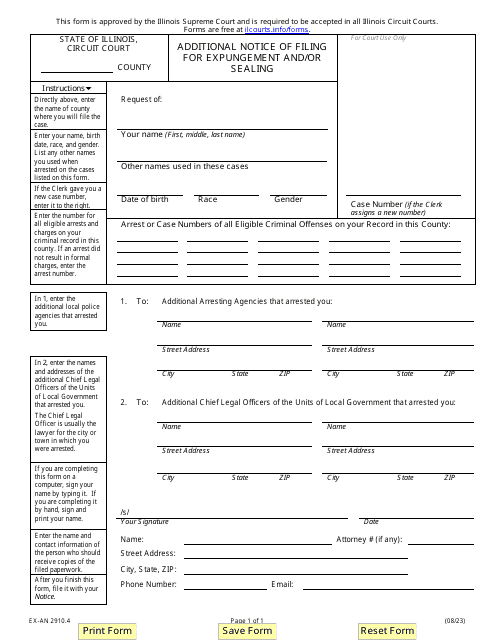 Form EX-AN2910.4 Additional Notice of Filing for Expungement and/or Sealing - Illinois