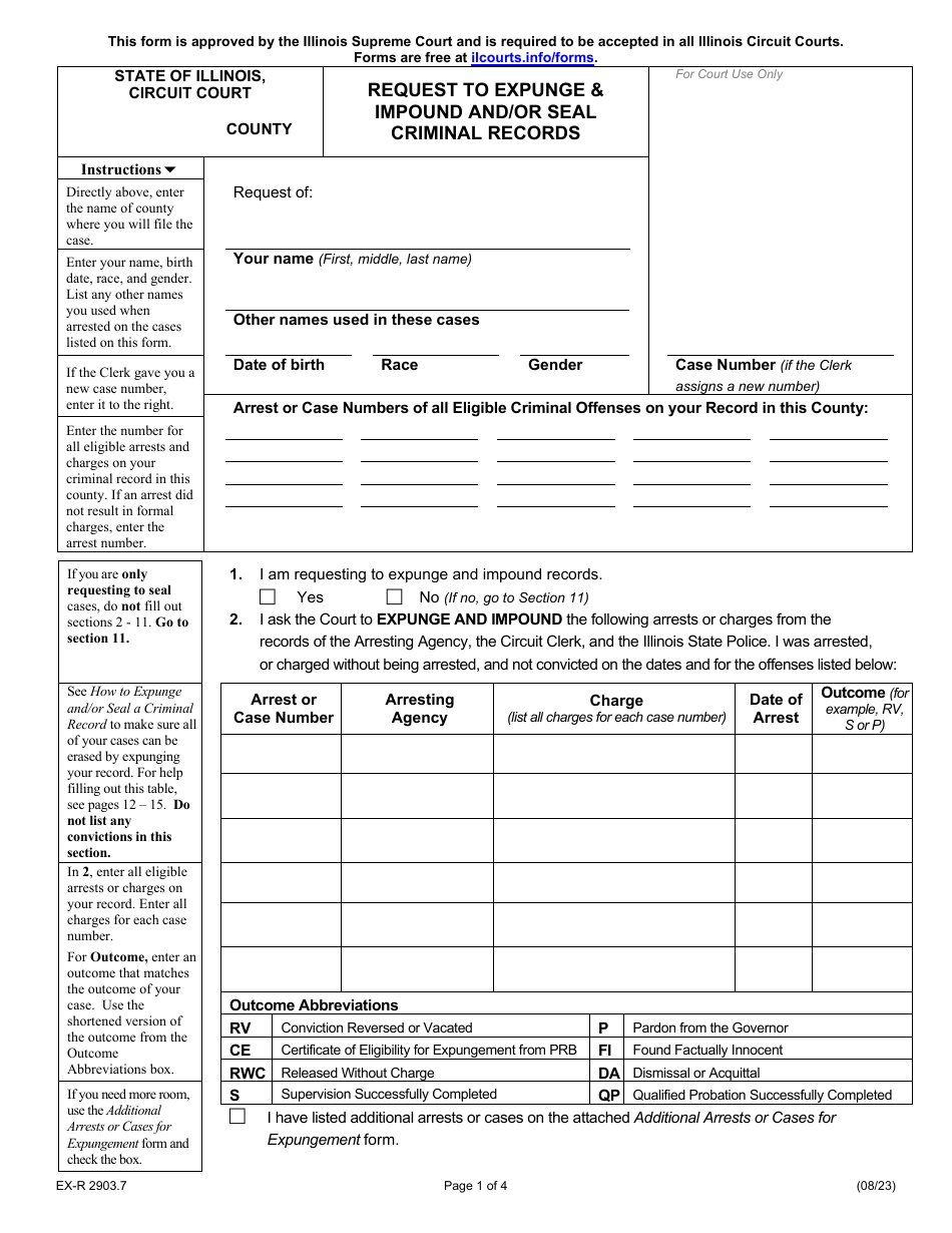 Form EX-R2903.7 Request to Expunge  Impound and / or Seal Criminal Records - Illinois, Page 1