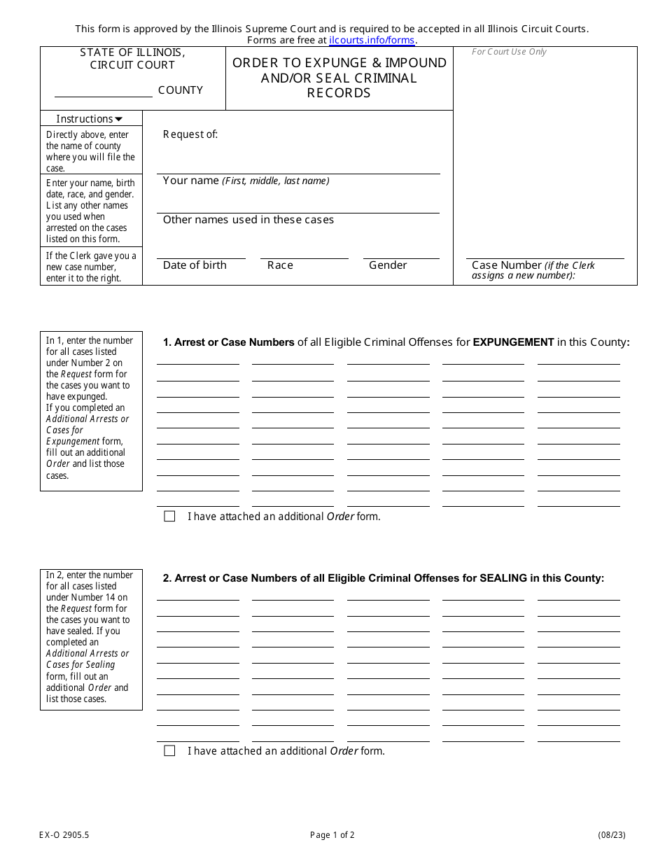Form EX-O2905.5 Order to Expunge  Impound and / or Seal Criminal Records - Illinois, Page 1