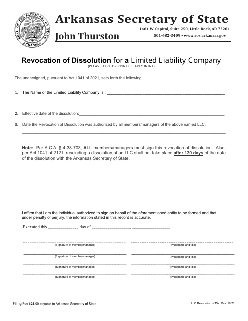 Revocation of Dissolution for a Limited Liability Company - Arkansas Download Pdf