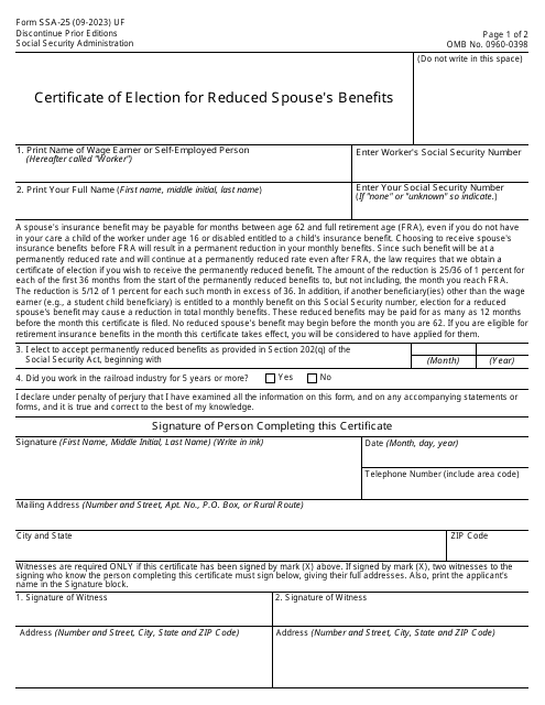 Form SSA-25 Certificate of Election for Reduced Spouse's Benefits