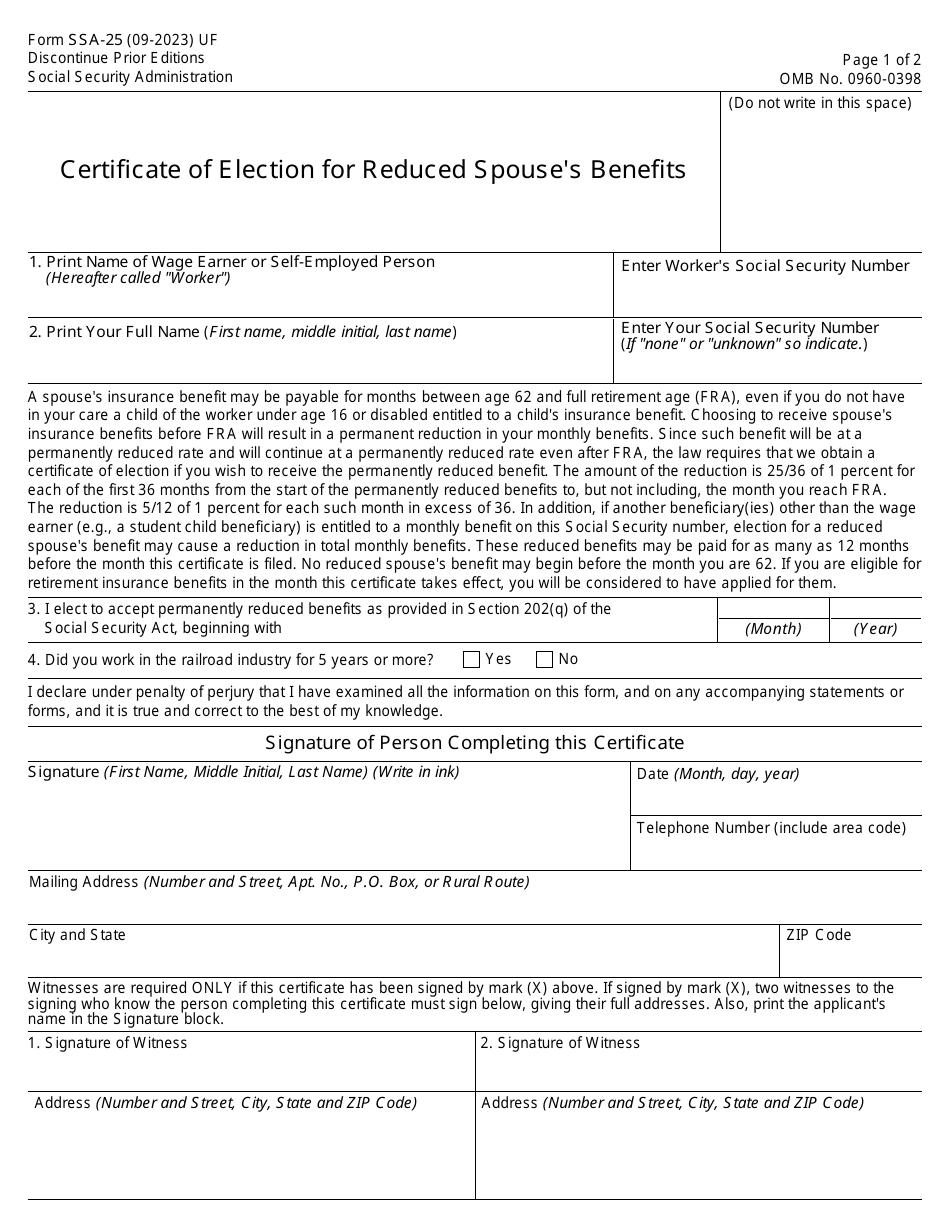 Form SSA-25 Certificate of Election for Reduced Spouses Benefits, Page 1