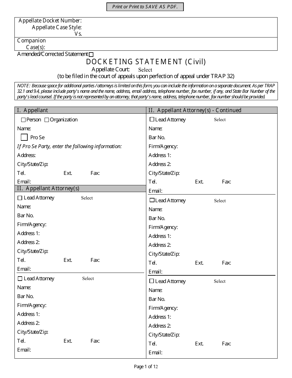 Texas Docketing Statement (Civil) - Fill Out, Sign Online and Download ...
