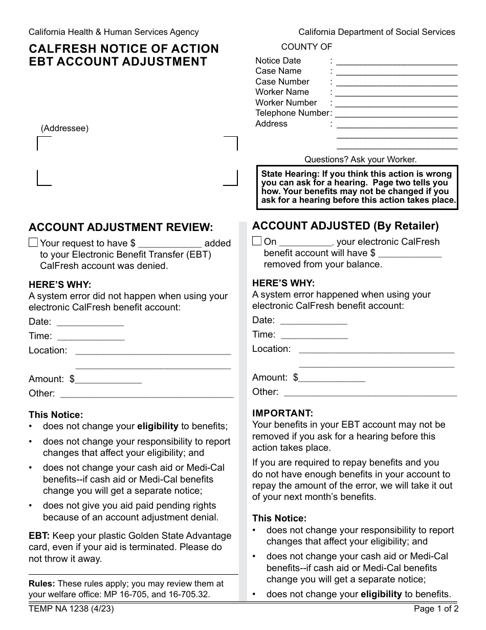 Form TEMP NA1238 CalFresh Notice of Action Ebt Account Adjustment - California, Page 1