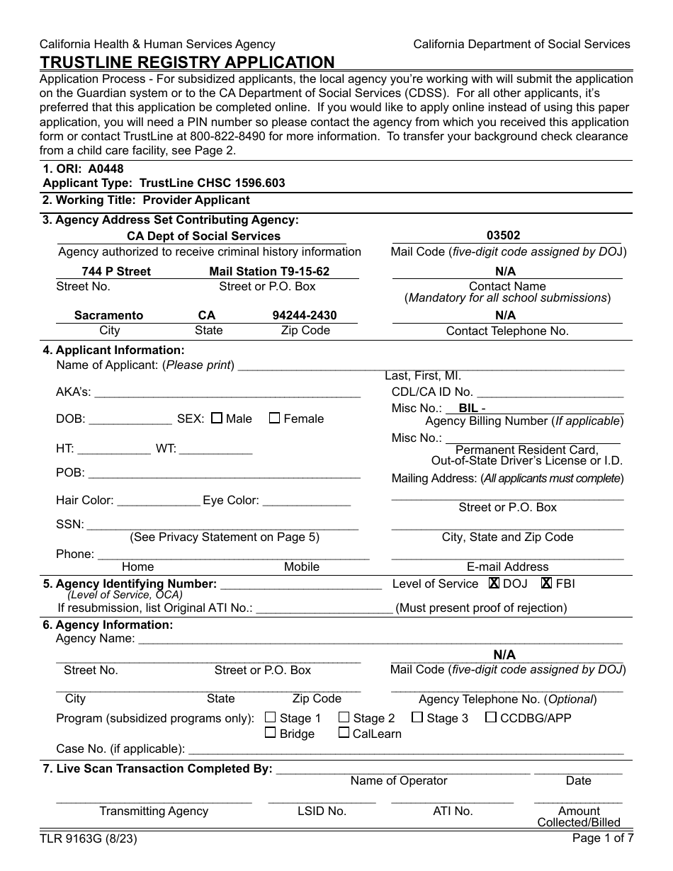 Form TLR9163G Trustline Registry Application - California, Page 1