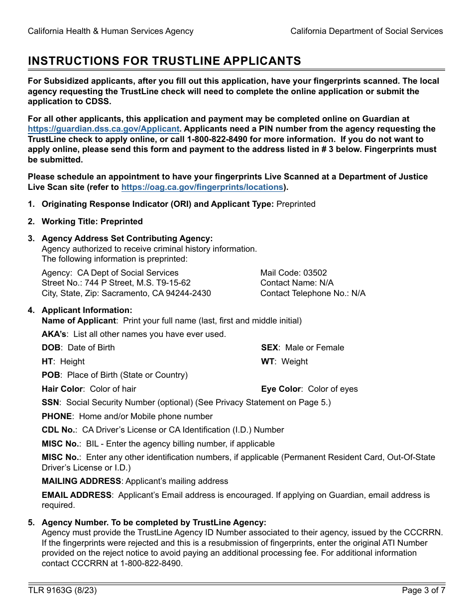 Form TLR9163G Trustline Registry Application - California, Page 3
