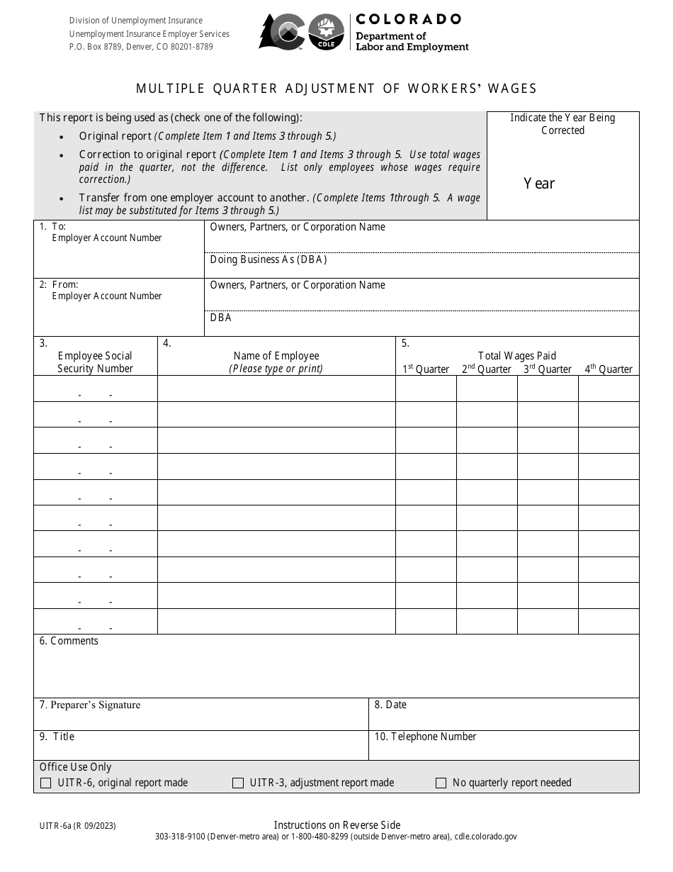 Form UITR-6A Multiple Quarter Adjustment of Workers Wages - Colorado, Page 1
