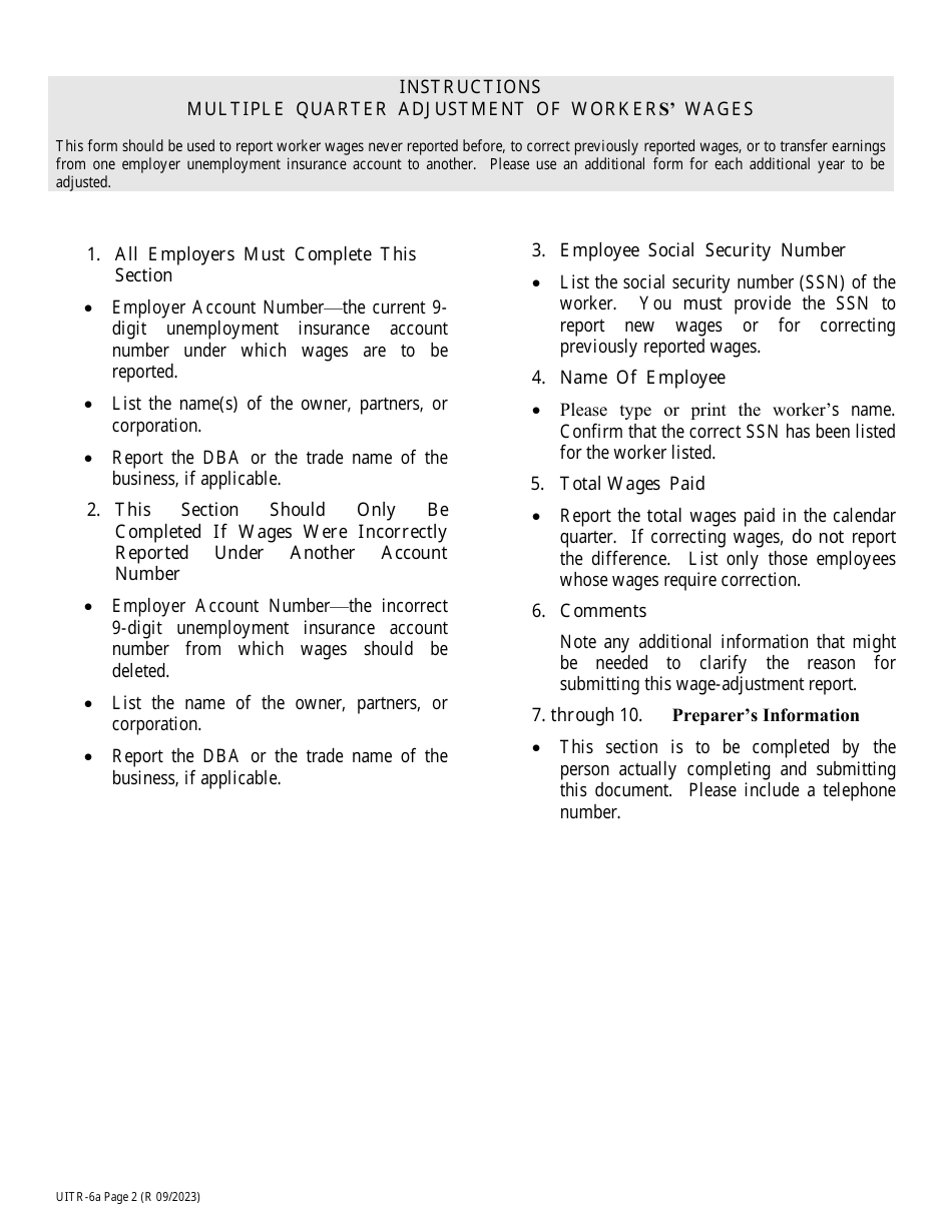 Form UITR-6A Multiple Quarter Adjustment of Workers Wages - Colorado, Page 2