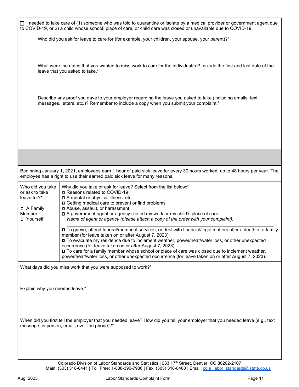 Labor Standards Complaint Form - Colorado, Page 11