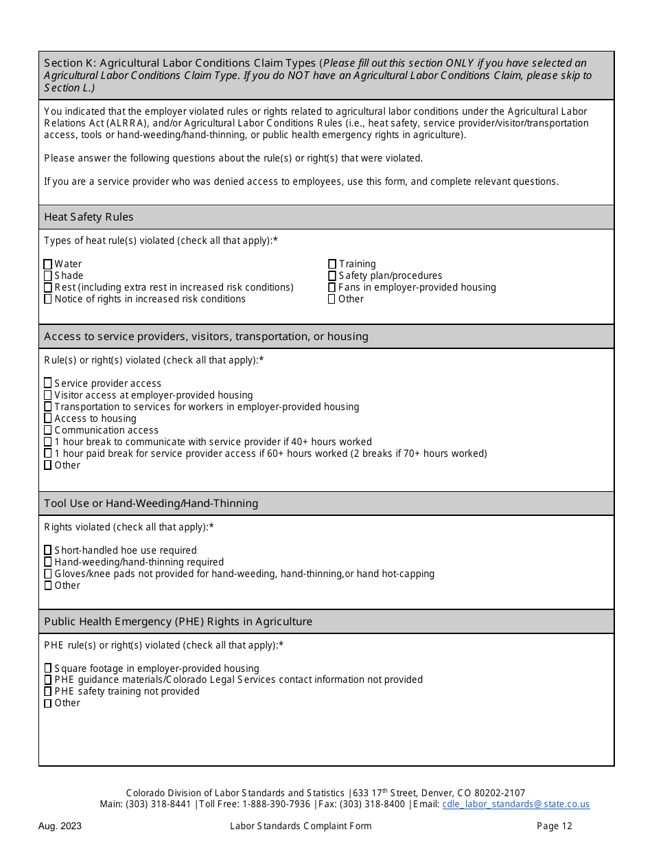 Labor Standards Complaint Form - Colorado, Page 12