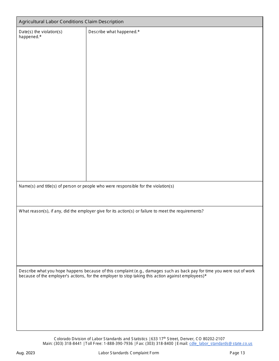 Labor Standards Complaint Form - Colorado, Page 13
