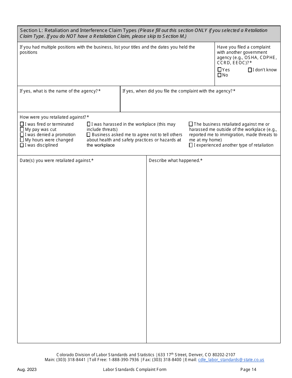 Labor Standards Complaint Form - Colorado, Page 14
