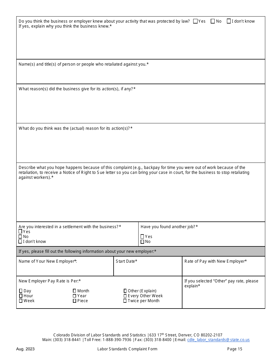 Labor Standards Complaint Form - Colorado, Page 15
